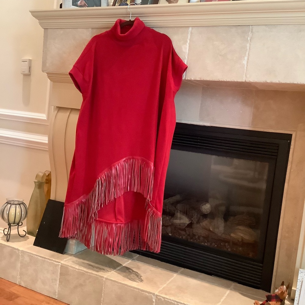 Red Asymmetrical Dress with Dolman Sleeves and Mock Neck